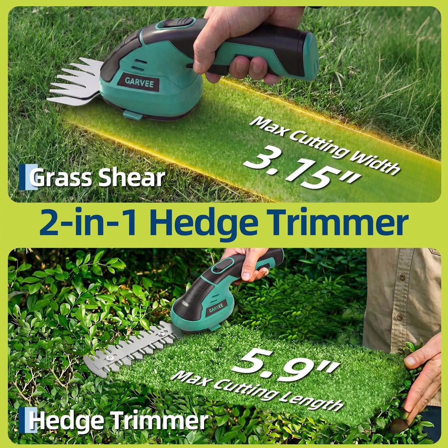 Versatile Wireless 2-in-1 Grass Shear & Shrub Trimmer - 7.2V Rechargeable Handheld Electric Hedge Cutter - Type-C Charging