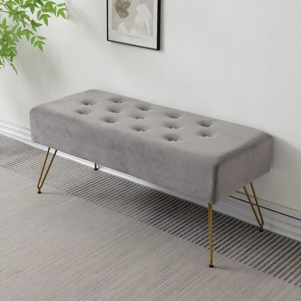 Modern Tufted Velvet Entryway Bench - Upholstered Long Shoe Bench with Gold Metal Legs for Hallway Bedroom End of Bed