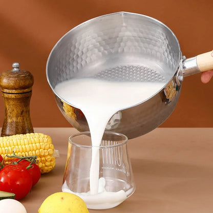 430 Stainless Steel Soup Pot Japanese Snow Pan Frying Wok Wooden Handle Stew Saucepan Milk Pot Kitchen Utensils Kitchen Cookware