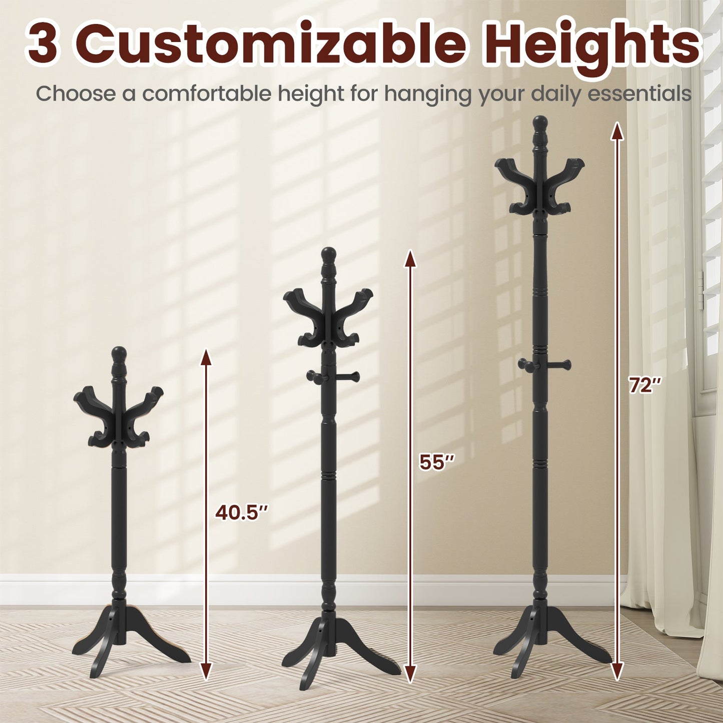 Solid Wood Hall Tree with 11 Hooks and 3 Height Options for Entryway