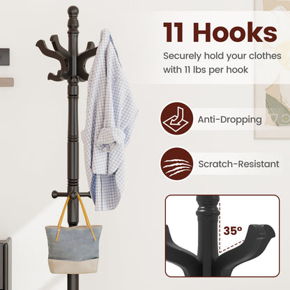 Solid Wood Hall Tree with 11 Hooks and 3 Height Options for Entryway