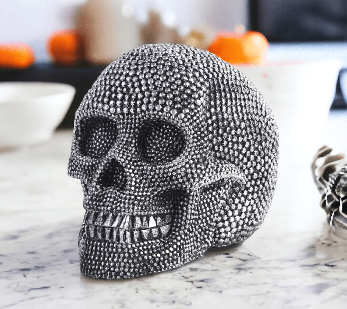 Resin Beaded Skull Decor Silver Skeleton Head Handmade Rustic Bookend Centerpiece Halloween