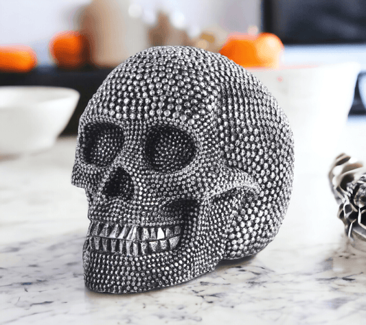 Resin Beaded Skull Decor Silver Skeleton Head Handmade Rustic Bookend Centerpiece Halloween