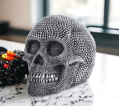 Resin Beaded Skull Decor Silver Skeleton Head Handmade Rustic Bookend Centerpiece Halloween