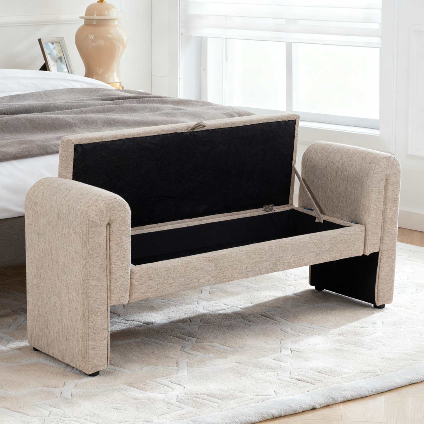 Storage Bench Oversized Velvet Oatmeal 60 In Extra-Long Entryway Mudroom