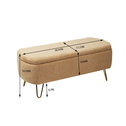Storage Ottoman Bench For End Of Bed Legs, Modern Camel Faux Fur Entryway Bench Upholstered Padded With Storage For Living Room Bedroom