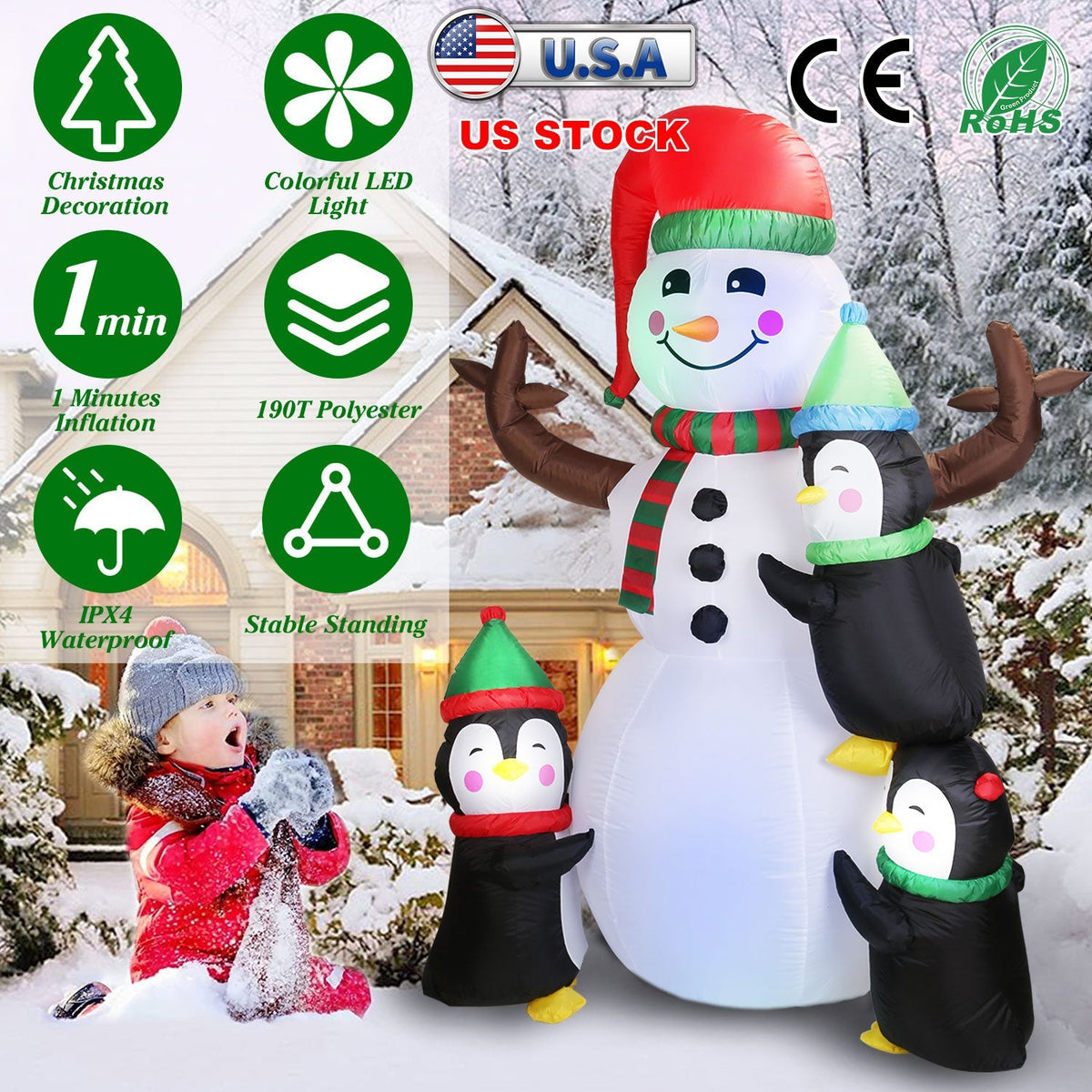 5.9FT Christmas Inflatable Outdoor Decoration Snowman Penguin Blow Up Yard Decoration with LED Light Built-in Air Blower for Winter Holiday Xmas Garde