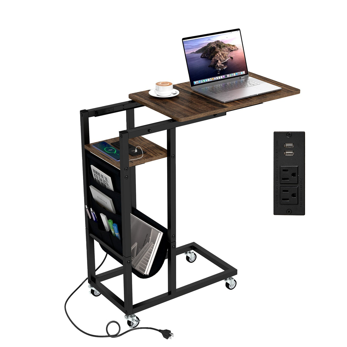 C-shaped End Table with Charging Station and Retractable Tabletop-Coffee