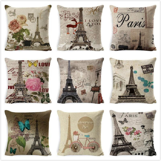 Cotton Linen Cushion Cover Retro Vintage Franch Paris Tower Pillow Cover Paris Linen Square Throw Pillow Case Decorative Durable Eiffel Tower Throw Pillow Covers For Couch Sofa Bed Throw Pillowcase Home Decor 45x45CM