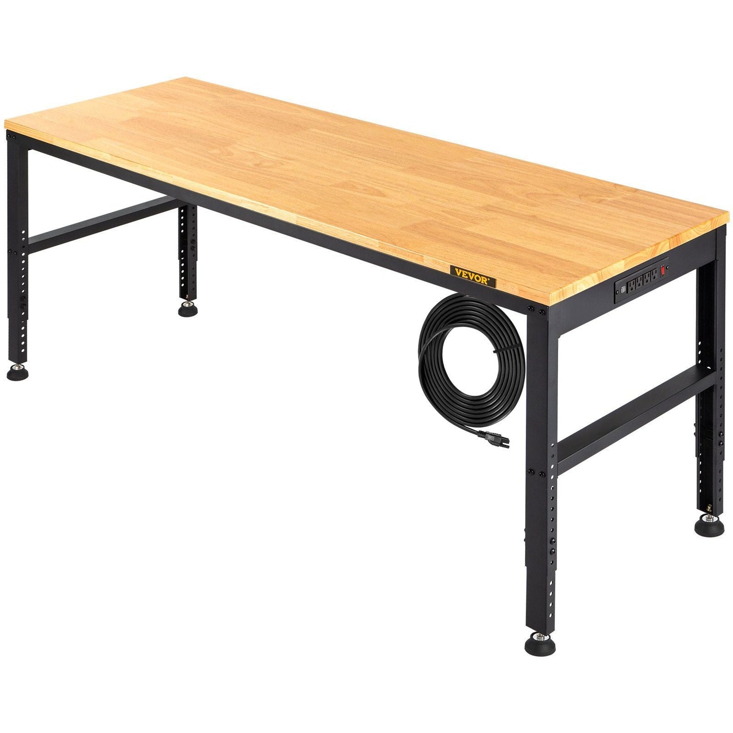 Workbench Adjustable Height, 61" x 20" Garage Table w/ 27.1" - 36" Heights & 2000 LBS Load Capacity, with Power Outlets & Hardwood Top & Metal Frame & Foot Pads, for Workshop Office Home