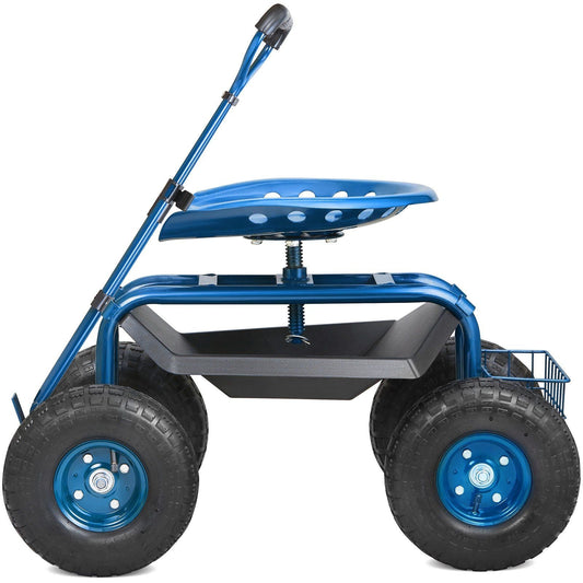 Garden Cart Rolling Workseat with Wheels, Gardening Stool for Planting, 360 Degree Swivel Seat, Wagon Scooter with Steering Handle & Utility Tool Tray, Use for Patio, Yard, and Outdoors, Blue