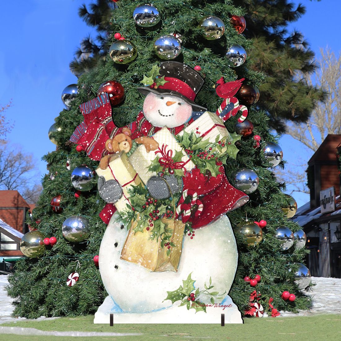 Dark Night Presents Christmas Outdoor Yard Sign by Susan Winget - Christmas Santa and Snowman Decor - 8471104F-SW