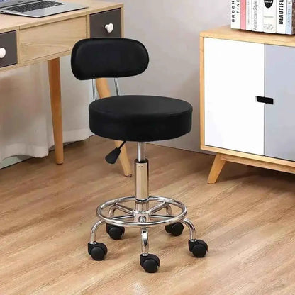 Height-Adjustable PU Leather Rolling Stool with Backrest & Footrest