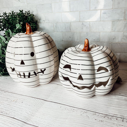 Hand Painted Black White LED Striped Pumpkin Minimalist Fall Halloween Decor