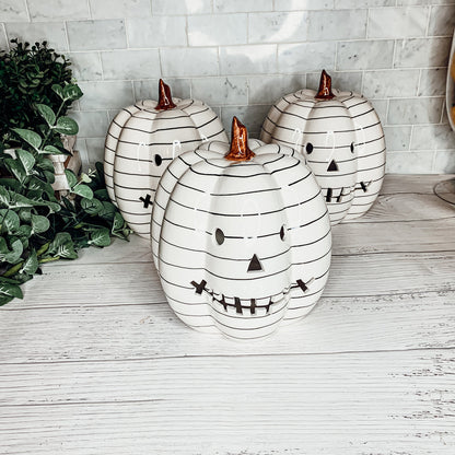 Hand Painted Black White LED Striped Pumpkin Minimalist Fall Halloween Decor