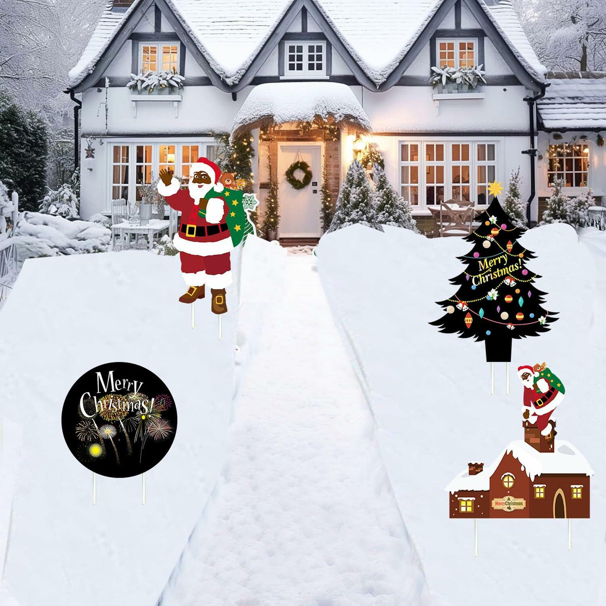 Christmas Yard Stakes Black Christmas Tree Santa Claus Outdoor Lawn Decor