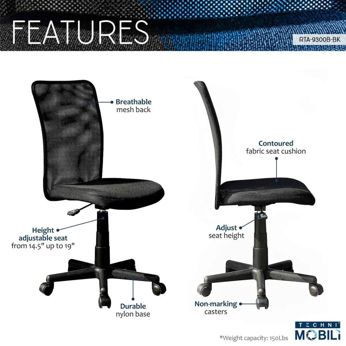 Techni Mobili Mesh Task Office Chair Ergonomic Comfort for Home Office