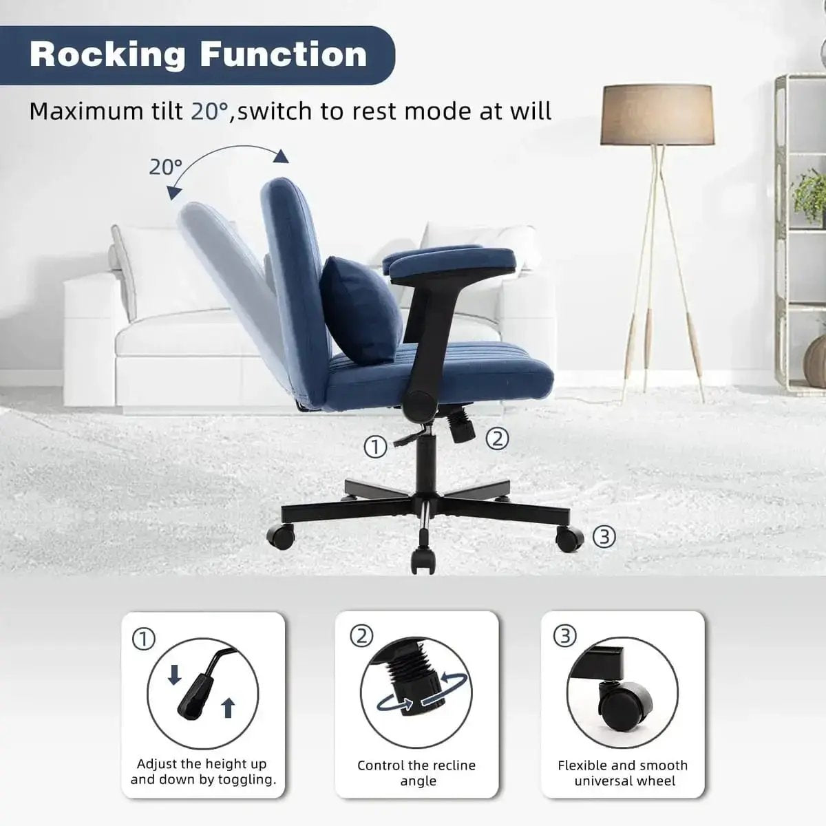 Blue Velvet Memory Foam Office Chair with Armrests