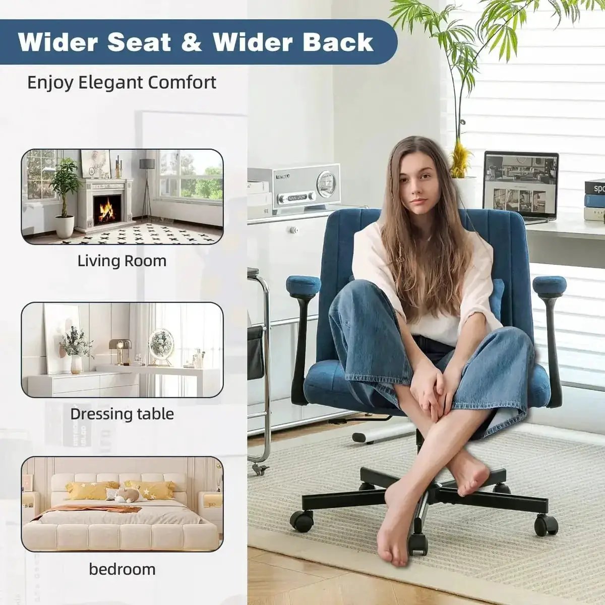 Blue Velvet Memory Foam Office Chair with Armrests