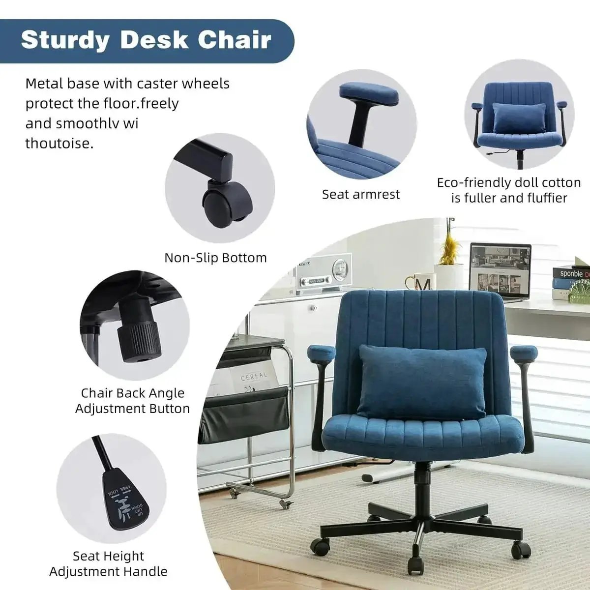Blue Velvet Memory Foam Office Chair with Armrests